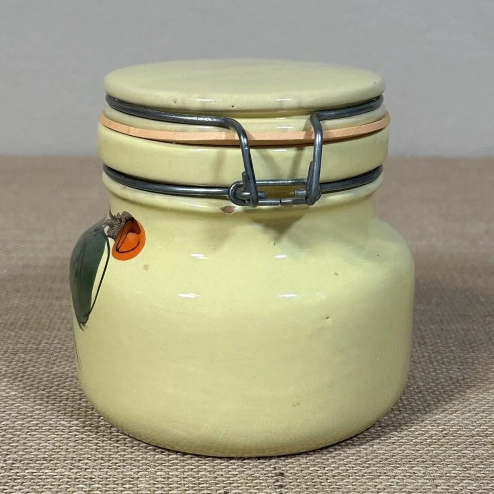 Stoneware Canister Yellow Pottery Wire Bale Fruit‎ Orange Leaf Signed Italy VTG